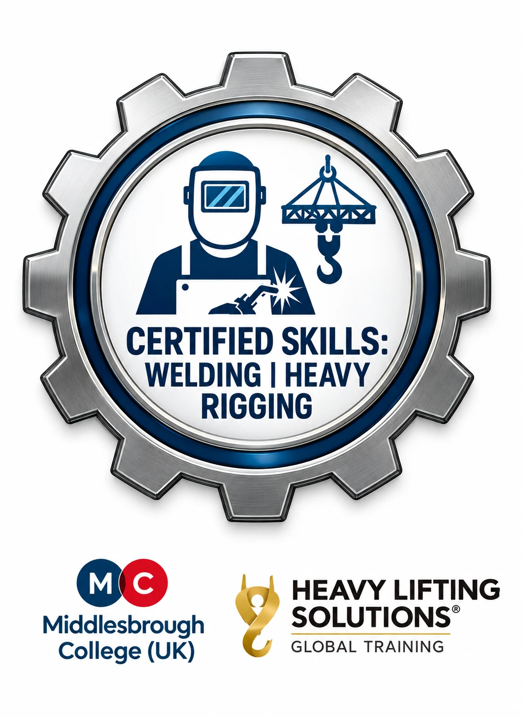 Certified skills: welding and heavy rigging, with Middlesbrough College (UK) and Heavy Lifting Solutions Global Training logos