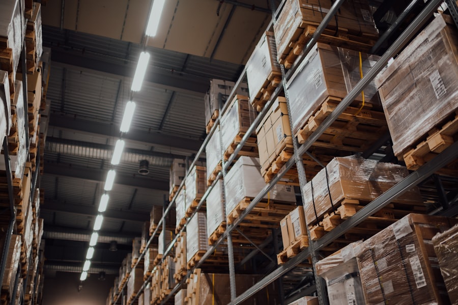 Warehouse racking stocked with palletized materials