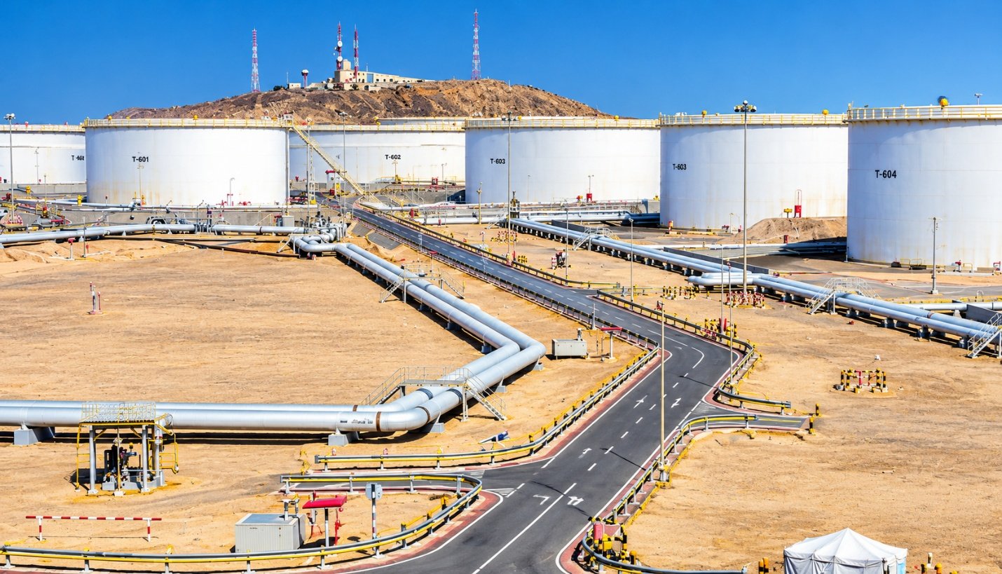 Storage tanks and pipework at an onshore oil and gas development site