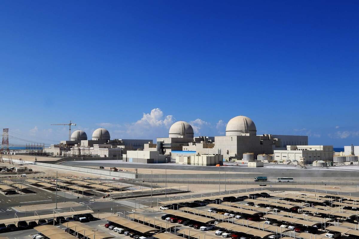 Barakah nuclear power plant reactor buildings under a blue sky