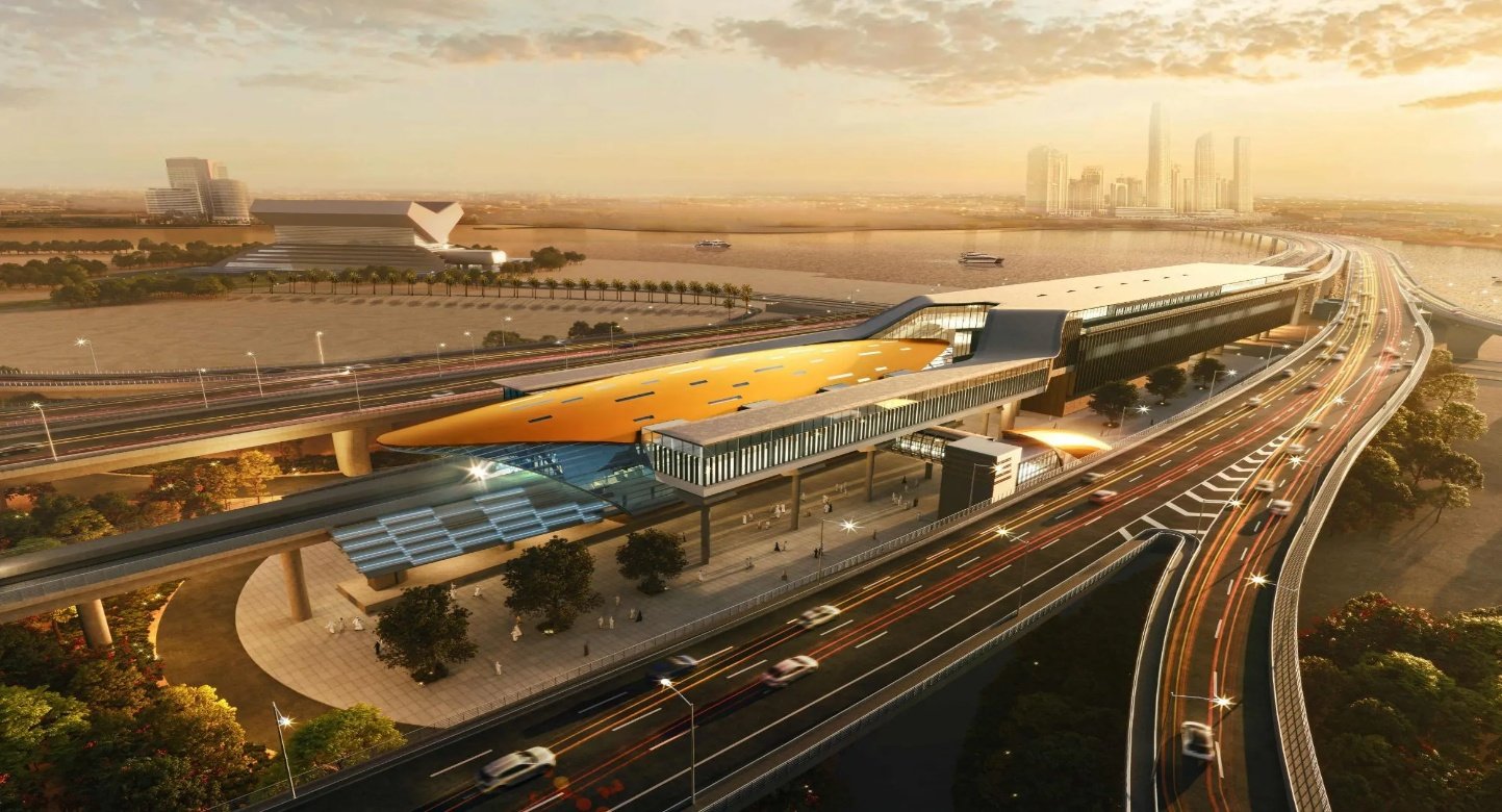 Rendering of a Dubai Metro Blue Line station and elevated tracks at sunset