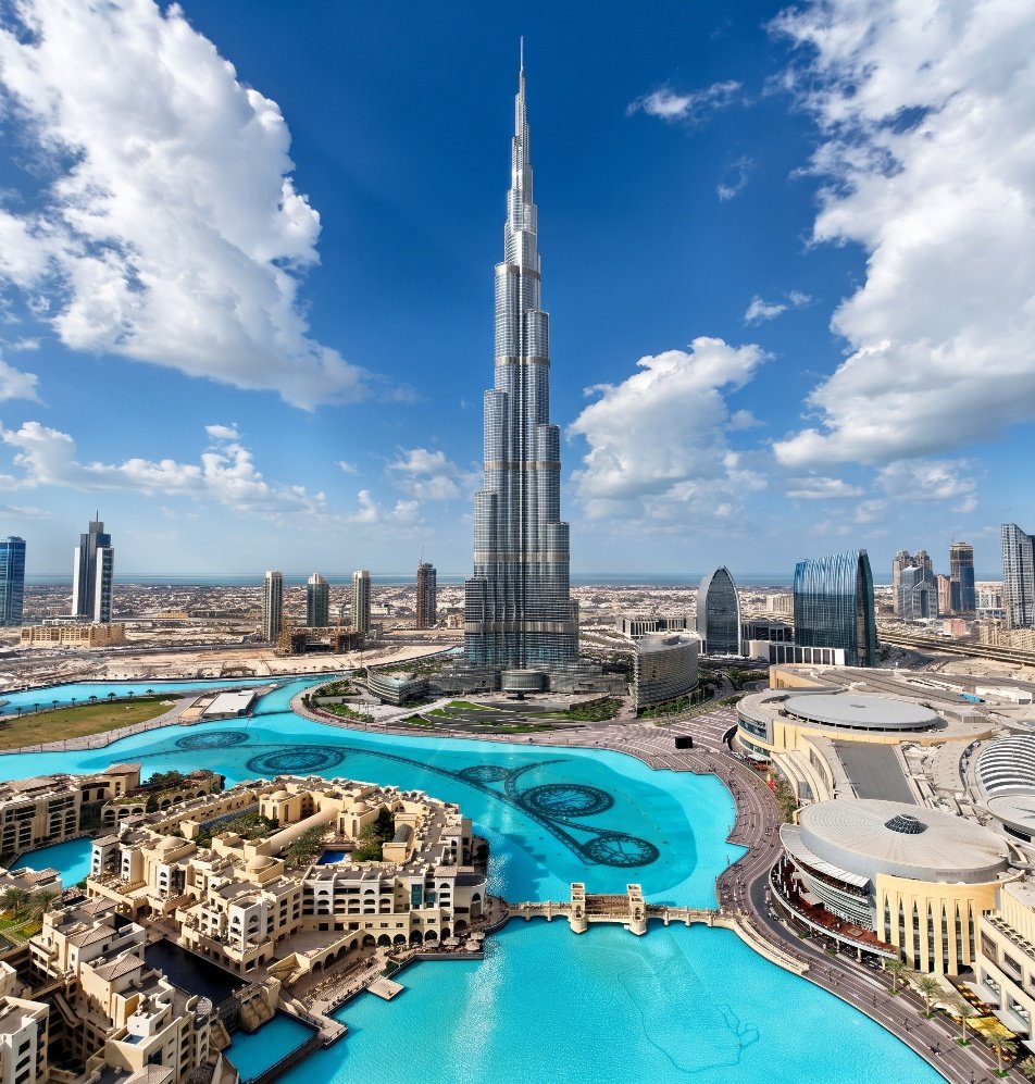 Burj Khalifa rising above Downtown Dubai and the Dubai Fountain