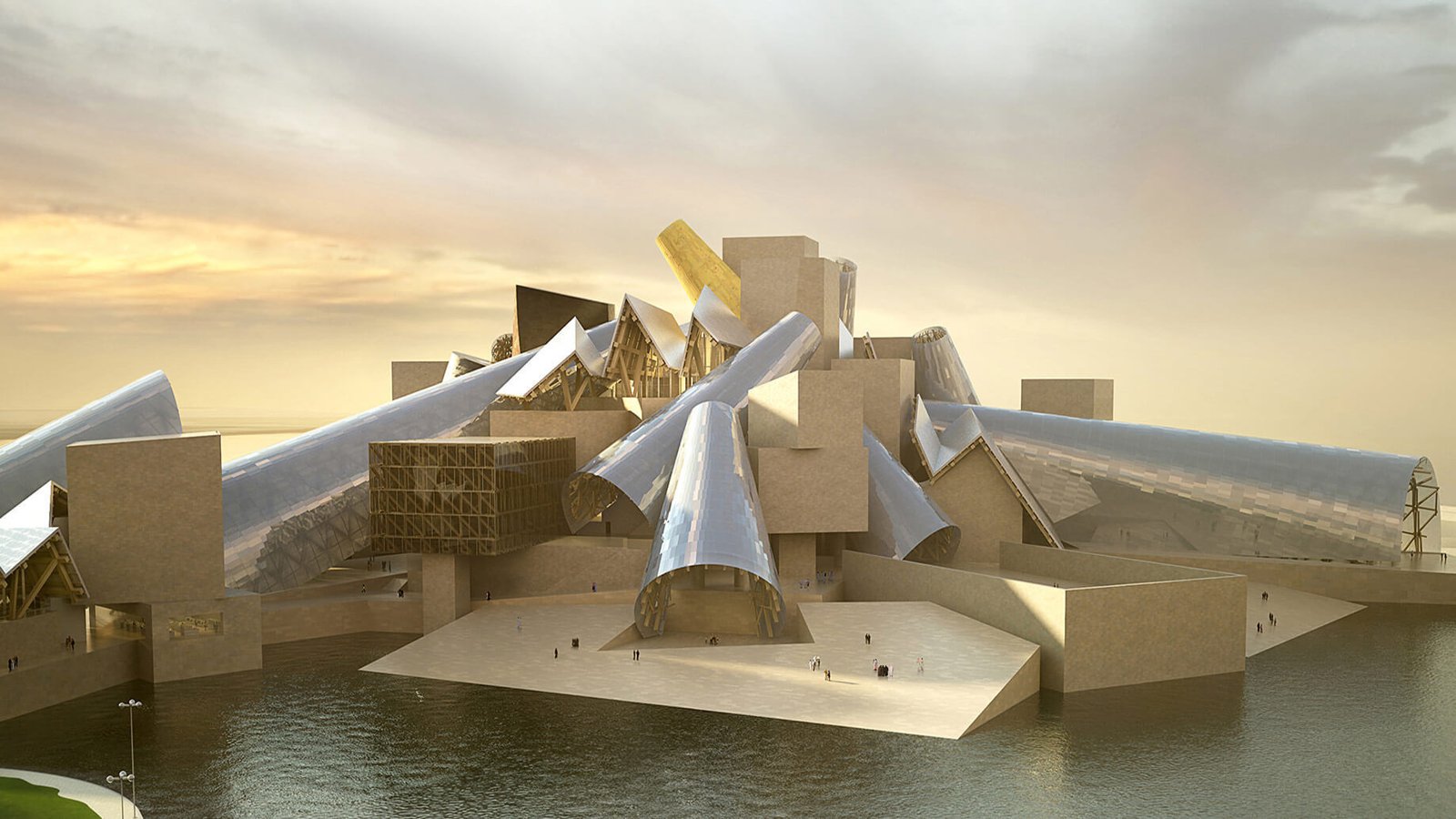 Rendering of the Guggenheim Abu Dhabi museum with its stacked metallic cone forms