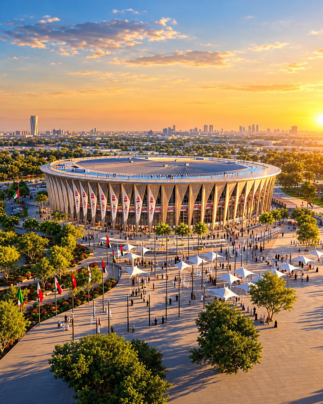 Aerial view of a stadium at sunset on Hudayriyat Island