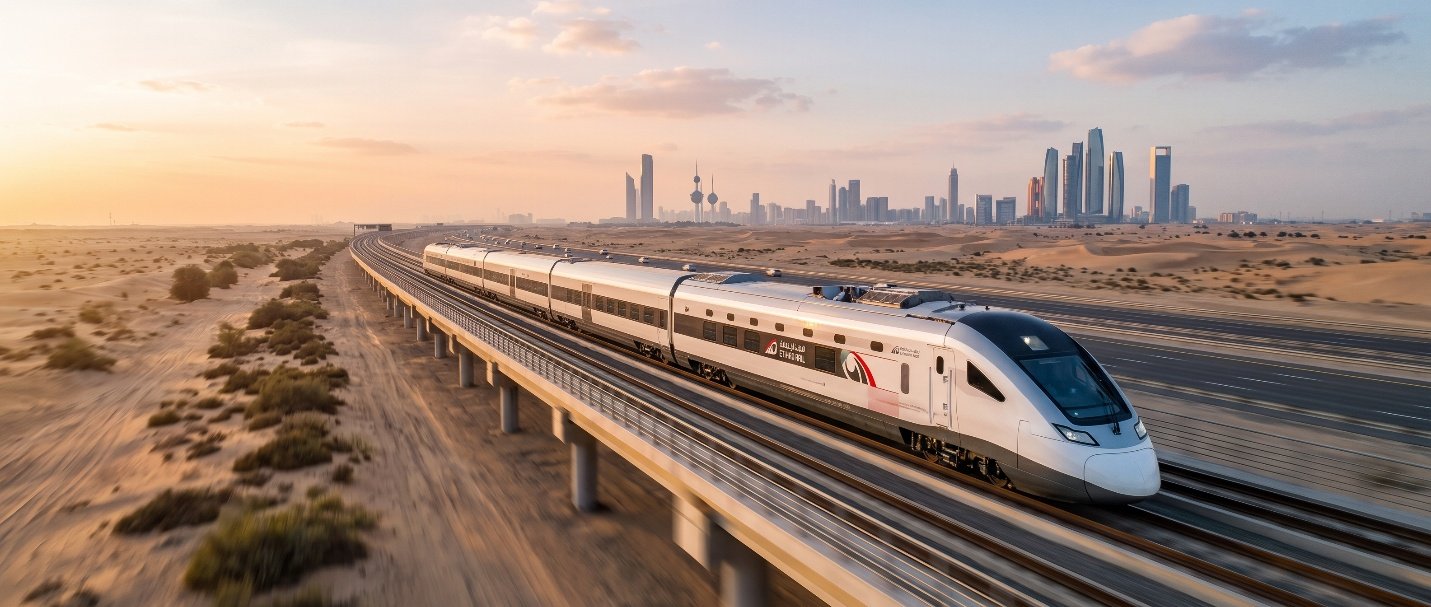 High-speed train travelling along an elevated railway through the desert