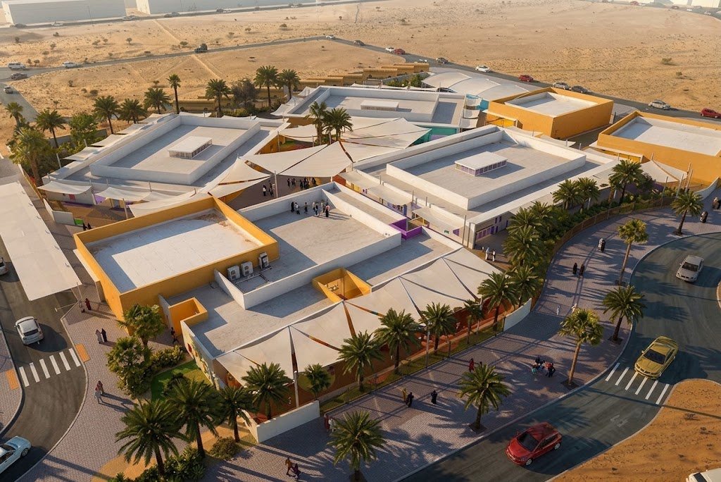 Aerial view of a school campus with courtyards and palm trees in Ajman